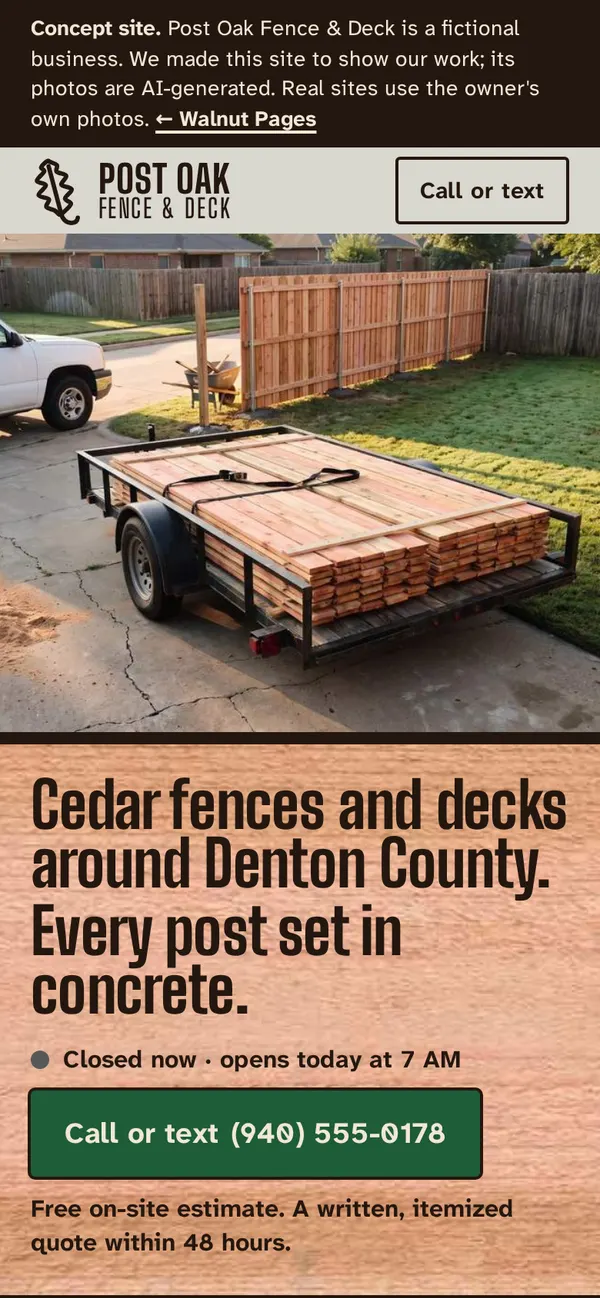 First screen of the Post Oak Fence & Deck concept site